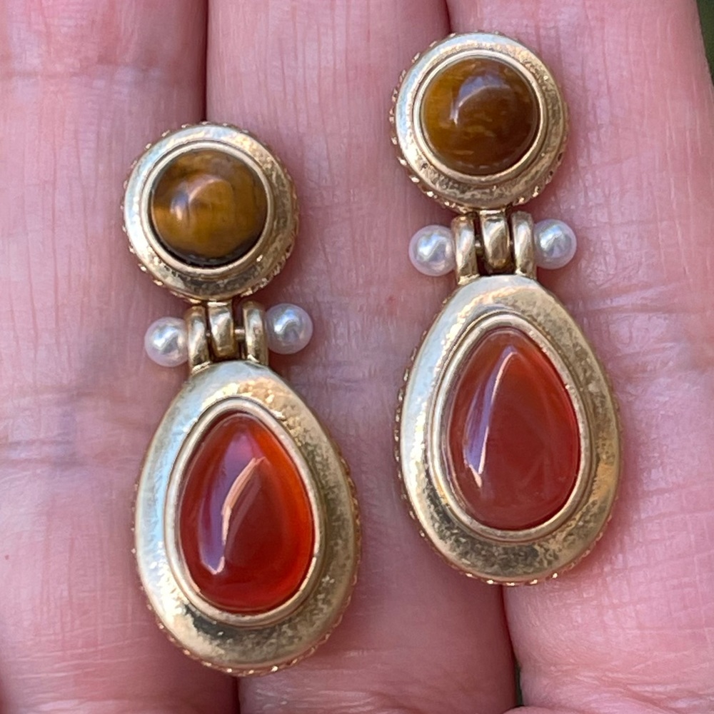 Carolee natural carnelian tigers eye freshwater pearl gold drop earrings